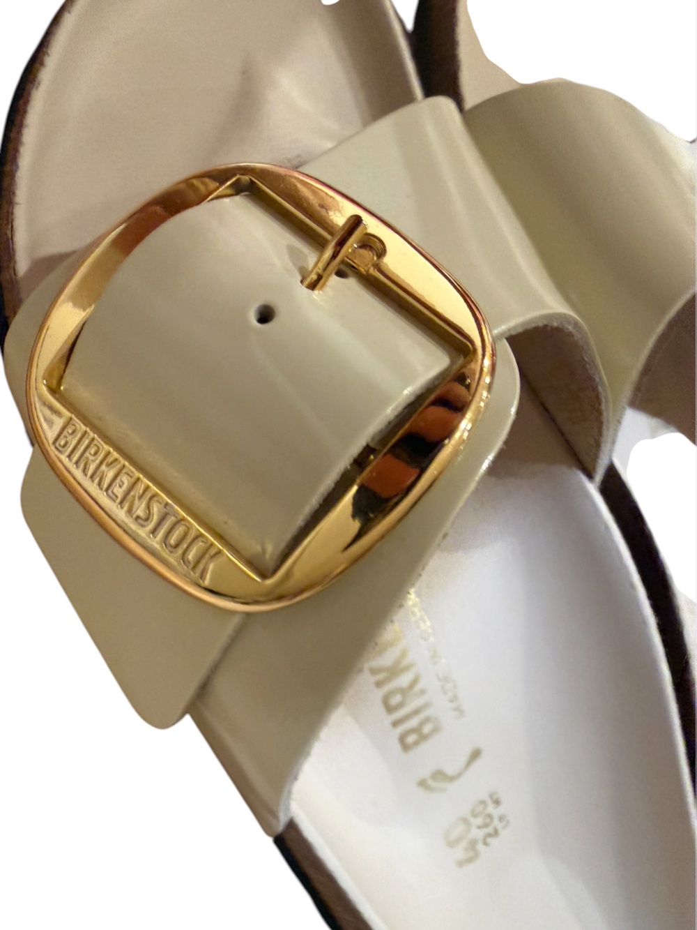 Ecru coated leather & gold Birkenstocks